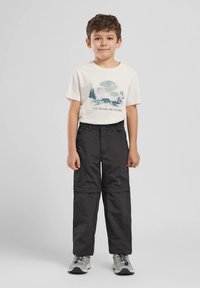 Nuori poika seisoo, päällään valkoinen t-paita, jossa on karhu ja puita esittävä graafinen kuva, mustat muunneltavat cargo-housut ja harmaat lenkkarit.