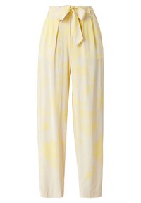 Light yellow floral trousers with a tie belt, pleated front, and relaxed fit. Made of soft fabric, featuring a subtle, textured pattern.