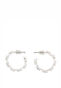 Orecchini a cerchio trasparenti con hardware in argento, caratterizzati da perline trasparenti e dettagli blu, forma circolare e chiusura a perno.