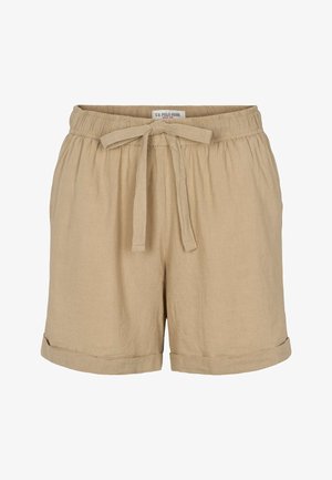 Shorts en lin beige avec ceinture élastique et lien en tissu ajustable, ourlets retroussés, et étiquette U.S. Polo Assn. à l'intérieur de la ceinture.