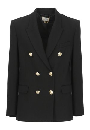 Blazer doppiopetto nero con sei bottoni dorati, rever a lancia, due tasche con pattina e una tasca a filetto sul petto.