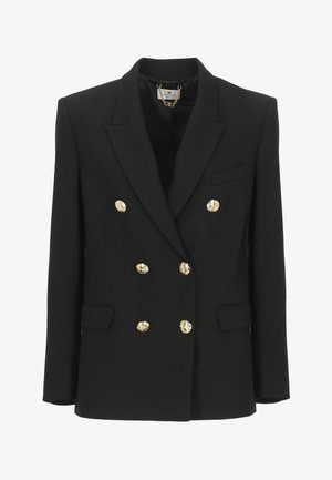 Blazer doppiopetto nero con sei bottoni dorati, rever a lancia, due tasche con pattina e una tasca a filetto sul petto.