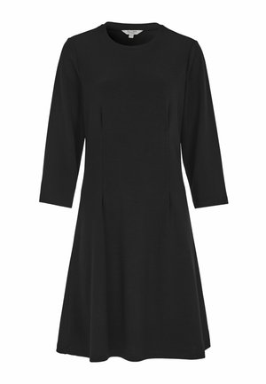 Zwarte knielange jurk met driekwartmouwen, een ronde halslijn en een licht uitlopende rok gemaakt van gladde stof.
