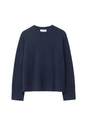 Navy blue knit sweater with a round neckline, dropped shoulders, and ribbed cuffs and hem. Soft texture, relaxed fit, no visible patterns.