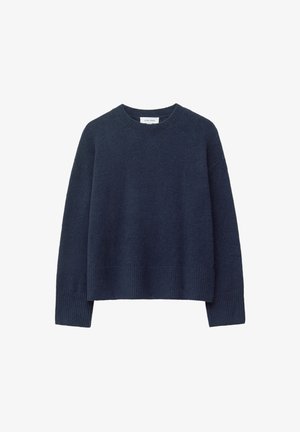 Navy blue knit sweater with a round neckline, dropped shoulders, and ribbed cuffs and hem. Soft texture, relaxed fit, no visible patterns.