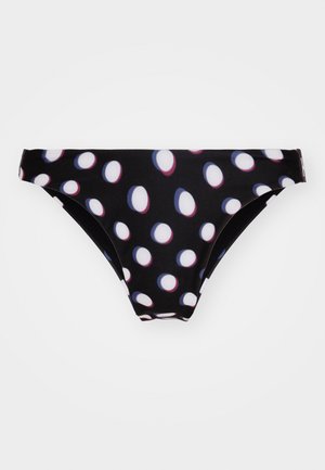 Parte de abajo de bikini negra con un patrón de lunares en blanco, rosa y azul. Confeccionada de una tela suave y con cobertura media.