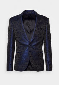Blazer ornato nero e blu con motivo paisley, finitura in raso, rever a punta, chiusura con un solo bottone e due tasche frontali.