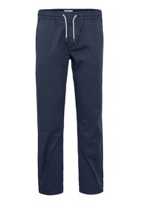 Marinblå lätta byxor med elastiskt midjeband och dragsko. Har sidofickor och en mjuk, slät bomullstextur.