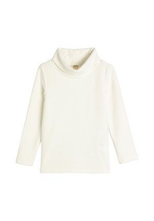 Vit polo sweatshirt tillverkad av mjukt, strukturerat tyg med långa ärmar och en vikbar, bred halsringning. Inga mönster eller detaljer.