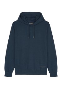 Mörkblå hoodie i mjukt material, med dragsko i huvan, långa ärmar och en diskret logotypdetalj vid nederkanten.