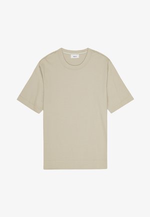 Beige cotton t-shirt with a round neck, short sleeves, and a straight hemline. Smooth texture and minimalist design.