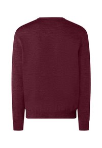 Bordeauxfarbener Pullover mit Rundhalsausschnitt, langen Ärmeln, gerippten Bündchen und Saum. Stricktextur mit glatter Oberfläche auf der Rückseite.