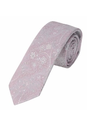 Hellrosa Krawatte mit einem dezenten weißen Blumen- und Paisley-Muster, ordentlich aufgerollt vor weißem Hintergrund.