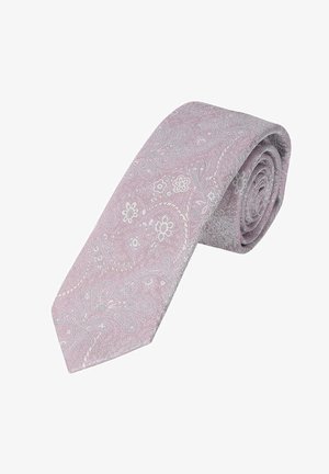 Hellrosa Krawatte mit einem dezenten weißen Blumen- und Paisley-Muster, ordentlich aufgerollt vor weißem Hintergrund.