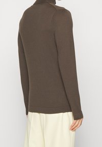 Maglione marrone a maglia con colletto alto, design aderente e dettagli a coste ai polsini e all'orlo. Tessuto morbido, maniche lunghe.