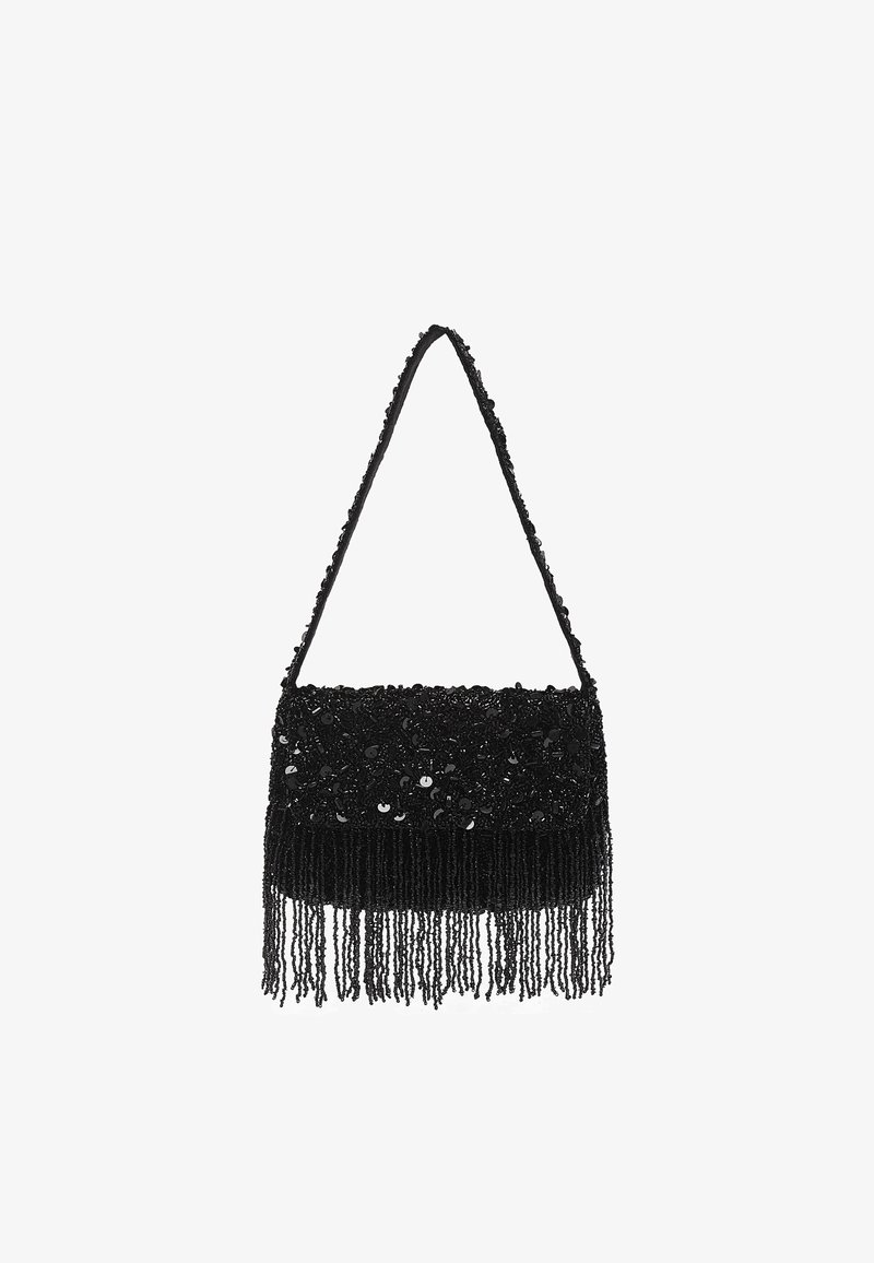 Sac à épaule noir orné de perles, de sequins et de longues franges suspendues au bord inférieur, fine bandoulière pour le porter.