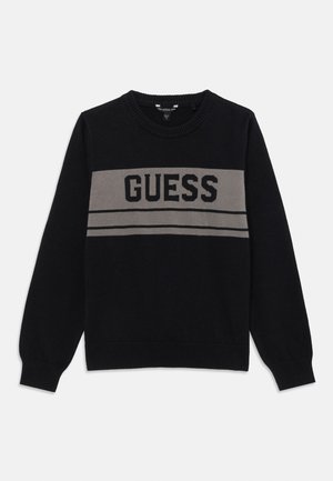 Sort langærmet sweater med grå vandret stribe og teksten "GUESS" på brystet, rund halsudskæring samt ribstrikkede manchetter og kant.