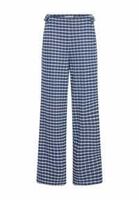 Breite, blau-weiße Gingham-Hosen mit einer glatten Textur, mit hoher Taille und einem Bindeband oben.
