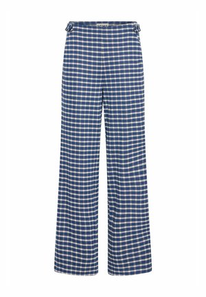 Pantalons à jambe large en vichy bleu et blanc, avec une texture lisse, présentant une taille haute et un détail à nouer en haut.
