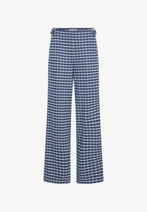 Mėlynos ir baltos gipiūro juostuotos plačios kojų kelnės su lygiu paviršiumi, suaukštinta juosmens linija ir raišteliu viršuje.