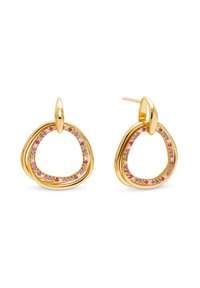 Orecchini a cerchio in tono oro con una forma a goccia aperta, caratterizzati da una fila di gemme multicolori attorno al bordo esterno.