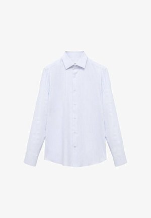 Light blue striped shirt made of fabric with a smooth texture. Features a pointed collar and buttons down the front. Long sleeves.