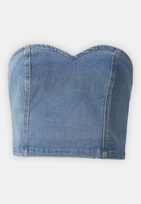 Blå denim strapless crop top med en hjerteformet utringning, strukturert design og synlige sømmer. Jevn tekstur og tettsittende fasong.