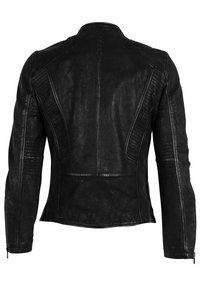 Giacca in pelle nera con un design strutturato, caratterizzata da pannelli texturizzati, vestibilità slim e polsini con zip. Finitura liscia complessiva.