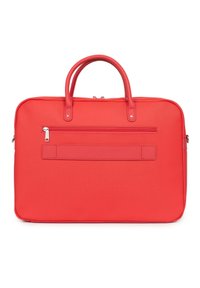Rode laptoptas van gestructureerde stof met een gladde leren afwerking. Voorzien van dubbele handvatten en een ritsvak aan de achterkant.