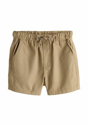 Beige chino shorts with an elastic waistband and adjustable drawstring, featuring two side pockets and a smooth, lightweight fabric.