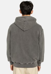 Sudadera de felpa gris con capucha ajustable, puños de canalé y dobladillo. Presenta un corte relajado y una textura suave. Sin logotipos ni patrones visibles.