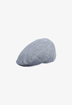 Gray plaid flat cap with a rounded crown and peak. Made of textured fabric featuring a checked pattern and subtle stitching details.