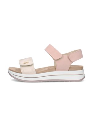 Sandalo aperto rosa chiaro e beige con cinturini regolabili e suola platform bianca imbottita.
