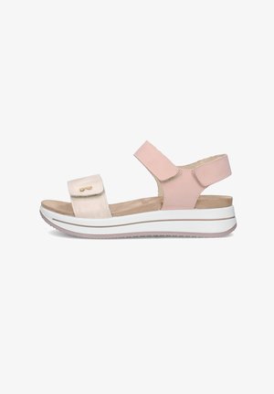 Sandalo aperto rosa chiaro e beige con cinturini regolabili e suola platform bianca imbottita.