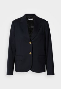 Marineblauwe blazer met gouden knopen, ingesneden revers, twee zakken aan de voorkant en een getextureerde zwarte voering. Op maat gemaakte pasvorm en gestructureerd ontwerp.