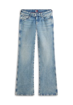 Φωτεινά γαλάζια τζιν παντελόνια bootcut με διπλό κούμπωμα κουμπιού, εμπρόσθιες τσέπες και διακριτική ξεθώριαση κατά μήκος των ραφών και των μηρών.