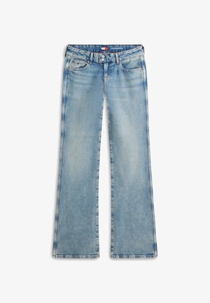 Φωτεινά γαλάζια τζιν παντελόνια bootcut με διπλό κούμπωμα κουμπιού, εμπρόσθιες τσέπες και διακριτική ξεθώριαση κατά μήκος των ραφών και των μηρών.