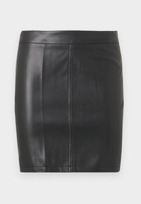 Fustă mini din piele neagră, cu o textură netedă, având un design croit mulat și cusături verticale pentru un plus de detaliu.