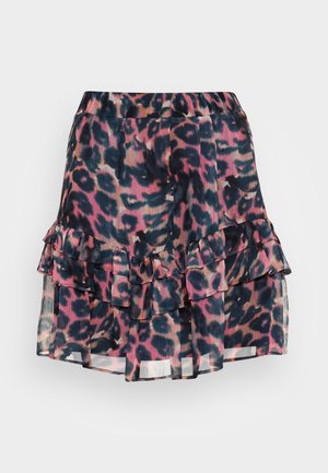 Jupe courte à imprimé léopard rose et noir avec des couches à volants et une ceinture élastique.