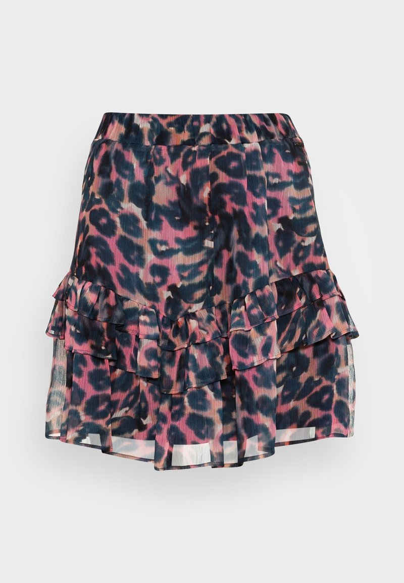 Jupe courte à imprimé léopard rose et noir avec des couches à volants et une ceinture élastique.