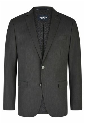 Grau blazer mit zwei Knöpfen, einer einzelnen Brusttasche und Seitentaschen. Verfügt über ein strukturiertes Innenfutter mit einem dezenten Muster.