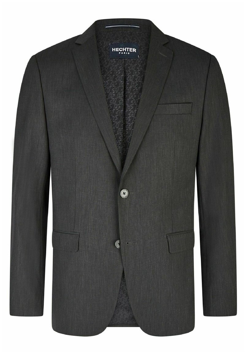 Grijze blazer met twee knopen, enkele borstzak en zijzakken. Kenmerkt zich door een gestructureerde binnenvoering met een subtiel patroon.