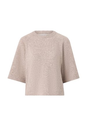 Beige short-sleeve knitted sweater with a round neckline and relaxed fit.