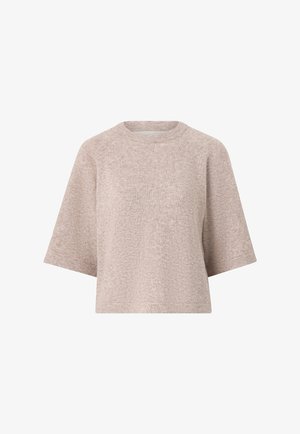 Beige short-sleeve knitted sweater with a round neckline and relaxed fit.