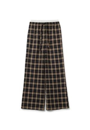 Pantalones de cuadros en negro y beige con un diseño de pierna ancha, que cuentan con una cinturilla elástica y cordón para ajustarlos. Textura de tejido suave.
