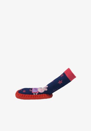 Calzini antiscivolo per bambini, blu navy con dettagli rossi. Presentano un tessuto morbido, un design con personaggi dei cartoni animati e una suola rossa texturizzata per aderenza.