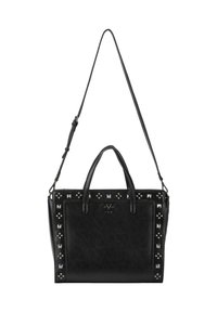 Zwarte leren schoudertas met dubbele handvatten, verstelbare schouderriem en zilverkleurige metalen studs langs de randen en op het voorvak.