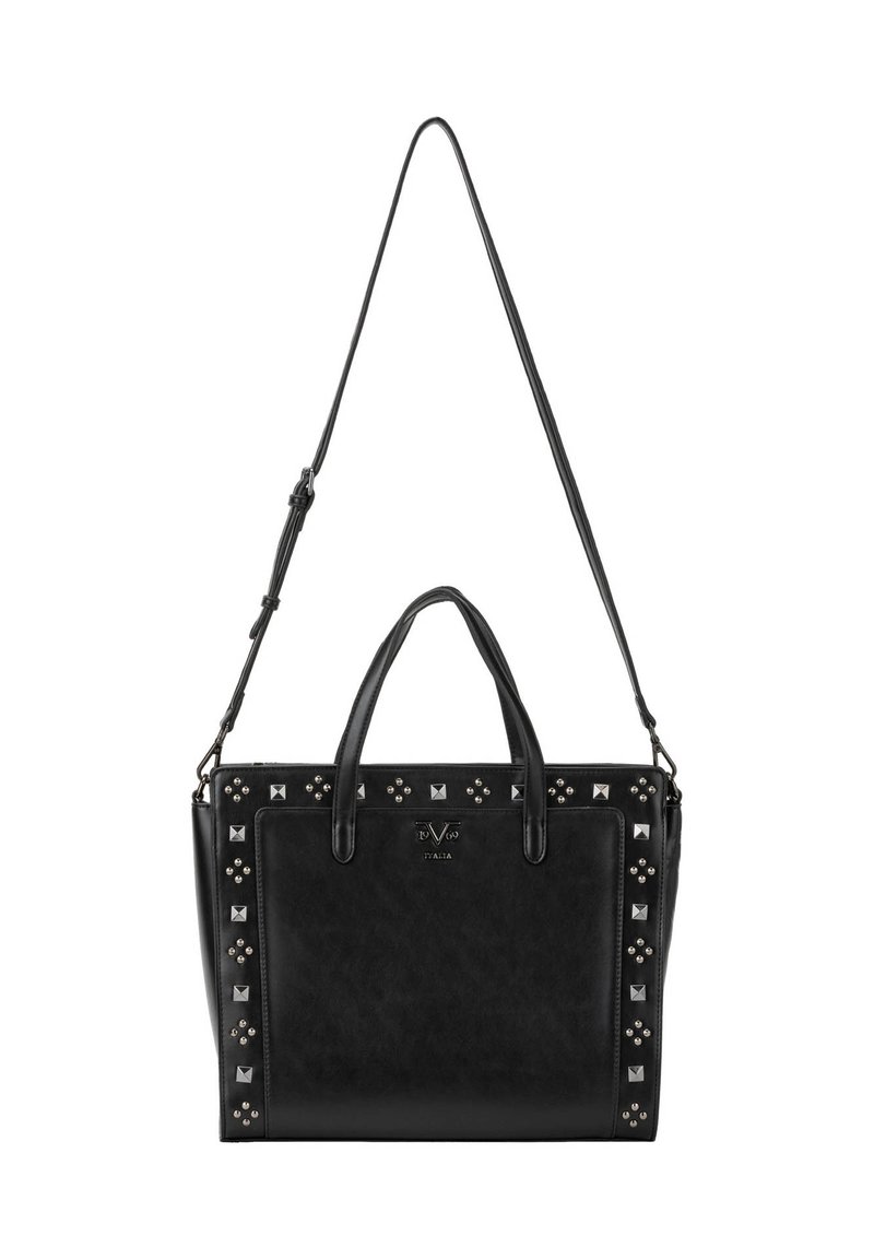 Zwarte leren schoudertas met dubbele handvatten, verstelbare schouderriem en zilverkleurige metalen studs langs de randen en op het voorvak.