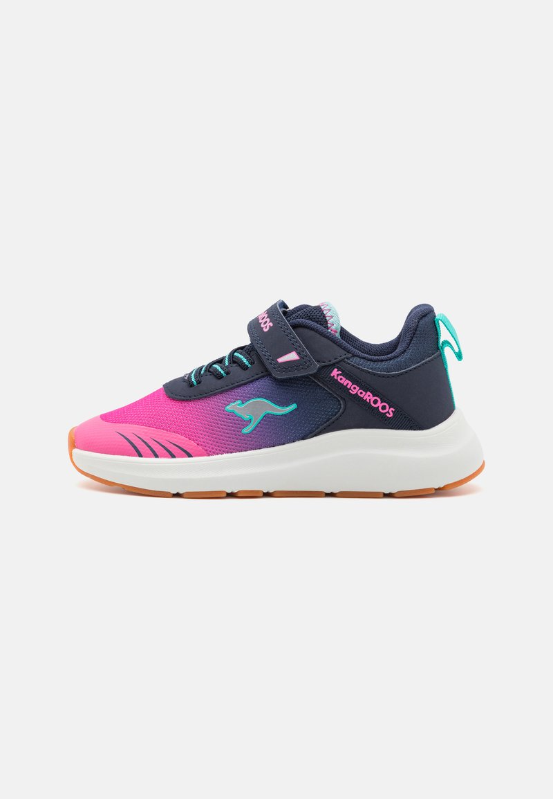 Sneakers with a pink and navy design, mesh upper, Velcro strap, white midsole, and rubber outsole. Features a kangaroo logo and contrasting accents.