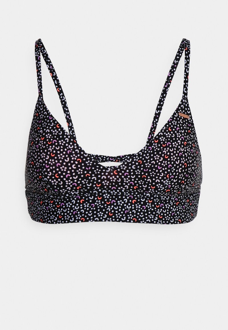 Bralette preta com padrão de bolinhas abstratas multicoloridas, alças finas ajustáveis e uma faixa larga na parte inferior. Projetado para conforto.